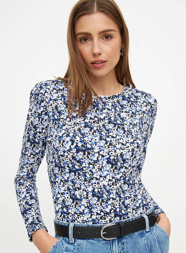 Blue Floral Print Gather Sleeve Long Sleeve Top 22